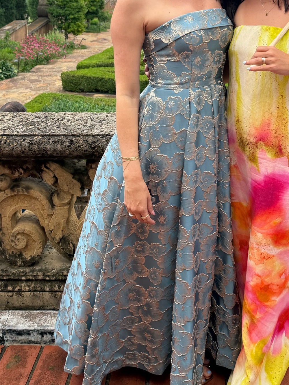 Azazie Strapless Blue and Gold Floral Jacquard Gown - Picture 2 of 4